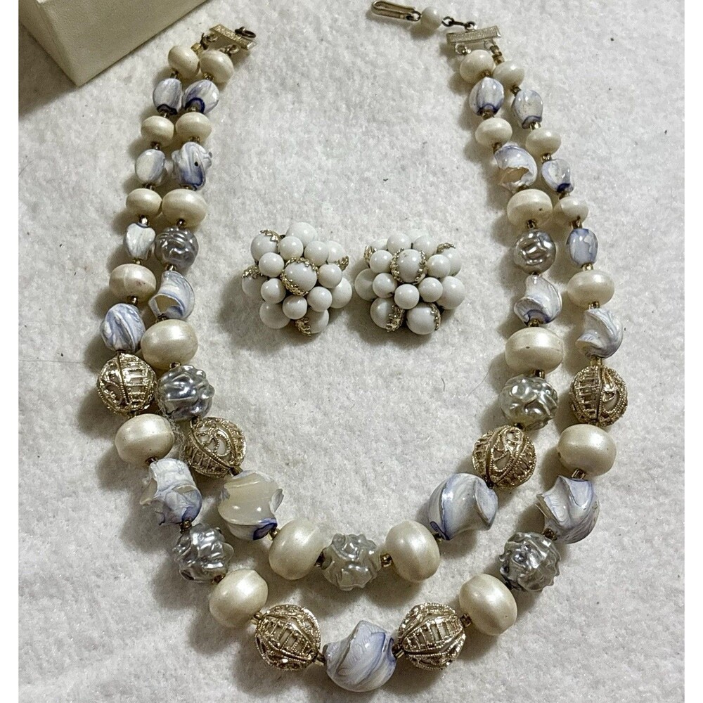 Vintage Hong Kong Double Strand Necklace Japan Earrings Blue White 16” MCM